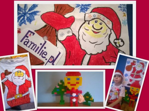 Dekoracja świąteczna tj . Mikołaj na ścianie , koszulka mikołajowa i mikołaj z klocków 
