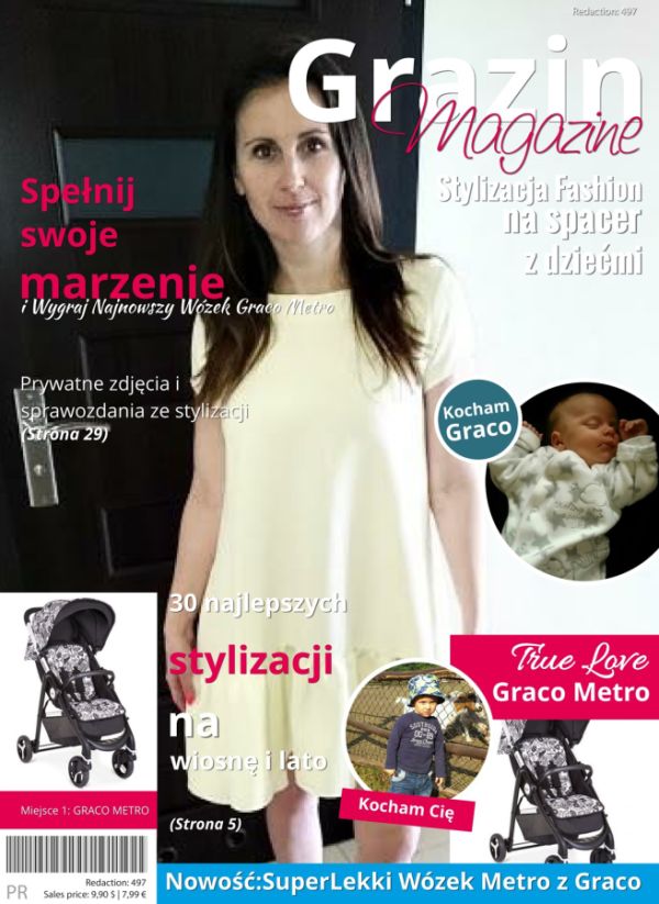 Mój kolaż Grazin Magazine przedstawia moje dzieci Kamila i Paulinę oraz nowy designerski Wózek Graco