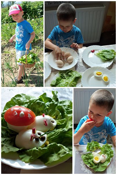 Warzywa z przydomowego ogródka, bez chemii zbędnej, własnoręcznie przygotowane smakują najlepiej. Danie może nie jest idealnie wykończone, lecz ważne że rękami dziecka przyrządzone. I zjedzone:)