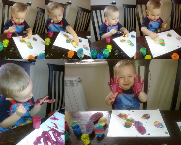 malowani kolorowych baniek mydlanych za pomocą stępelków z połówek ziemniaków