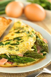 Omlet z szynką, szparagami i sosem serowym